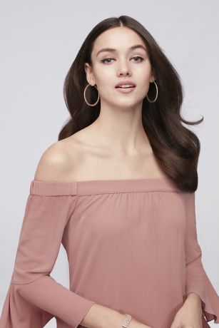 3/4 Bell Sleeve Off-The-Shoulder Crepe Shift Dress | David's Bridal