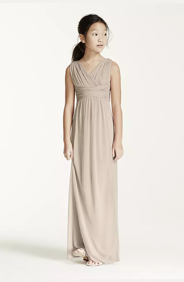 Long Sleeveless Mesh Dress with Ruched Waist Image 2
