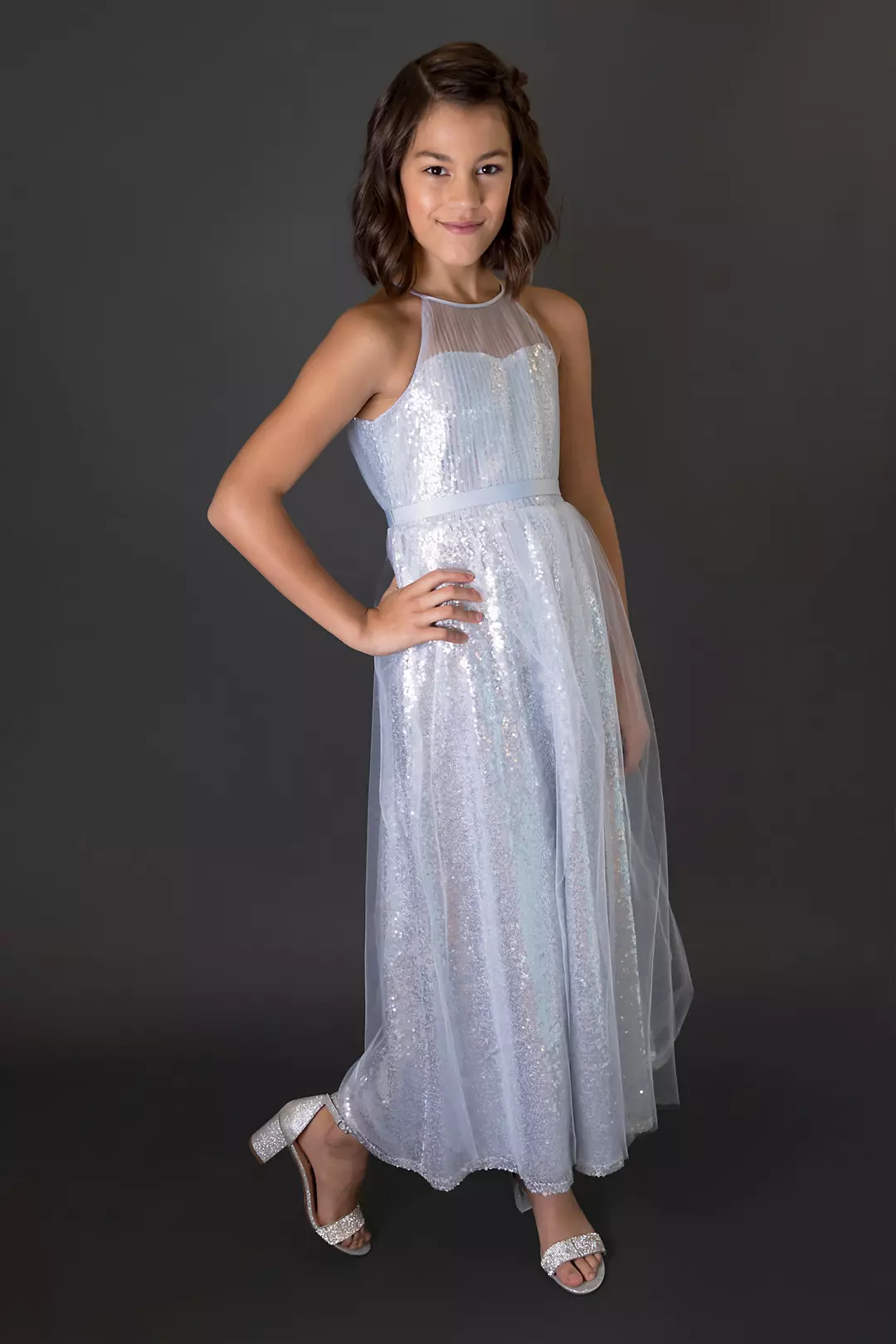 Sequin Tulle Overlay Girls Dress with Satin Sash Image