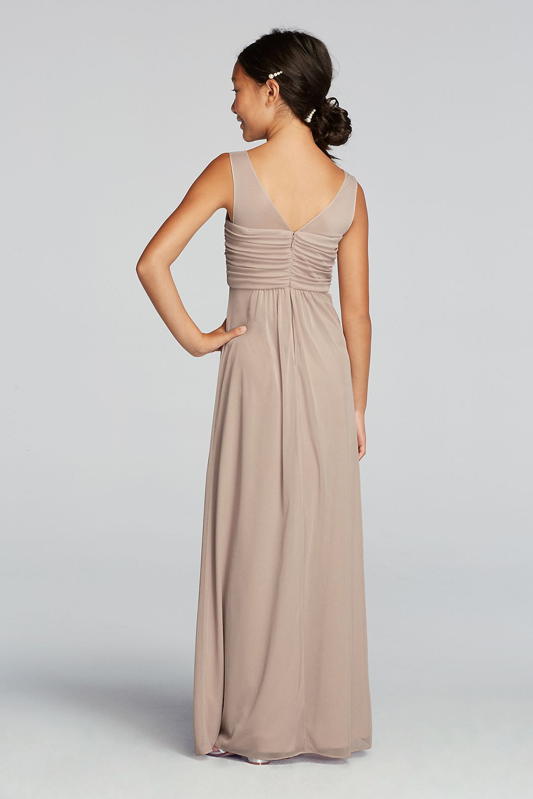 Long Mesh Dress with Illusion Tank Ruched Bodice Image 2