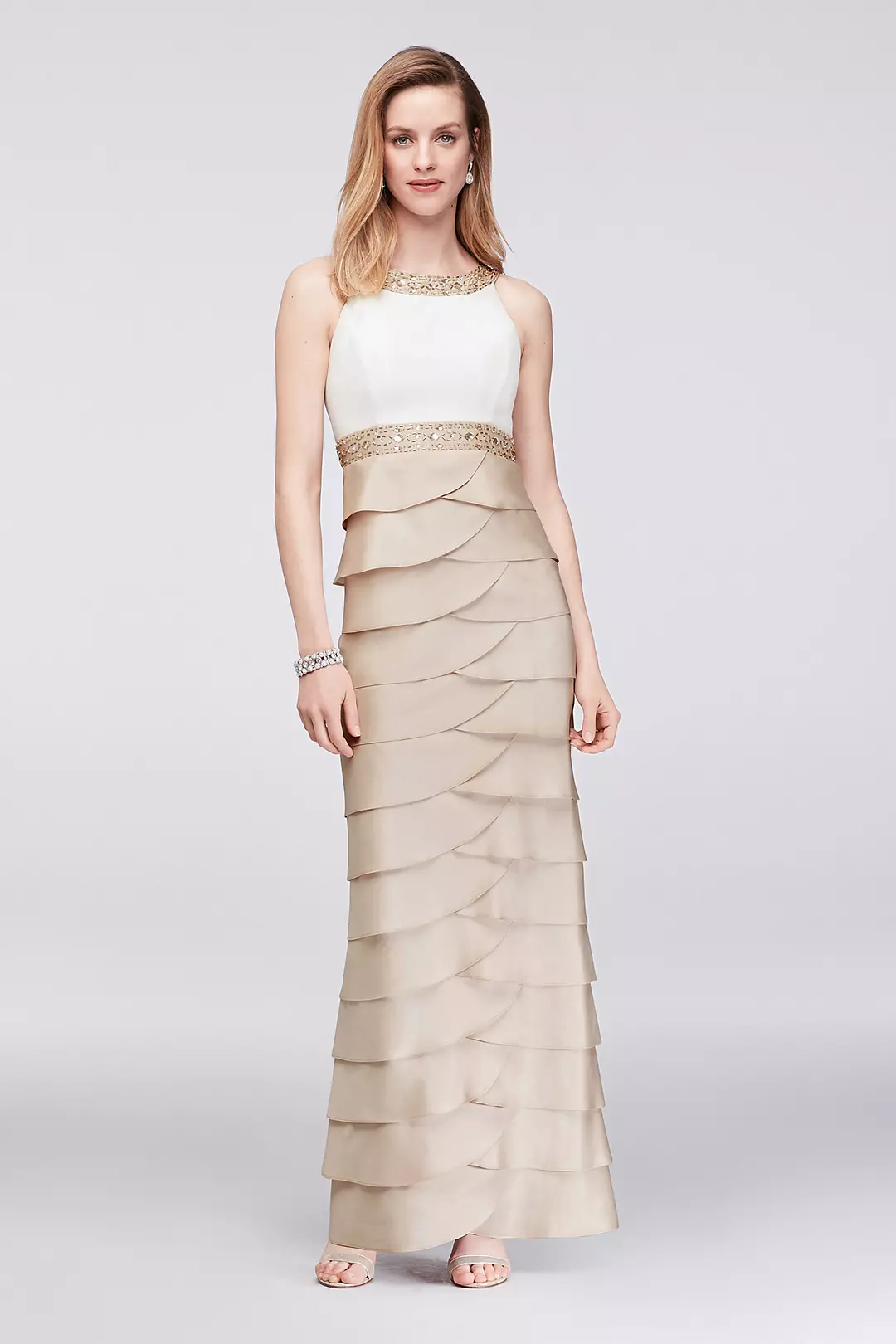 Two-Tone Tiered Shantung Column Gown with Beading Image