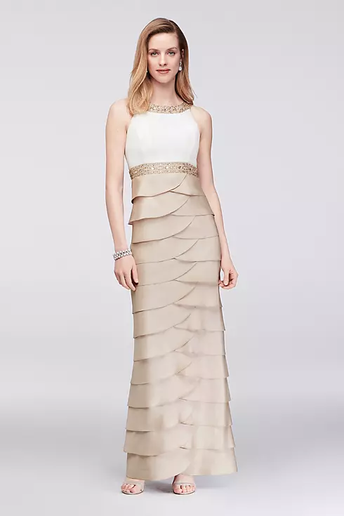 Two-Tone Tiered Shantung Column Gown with Beading Image 1