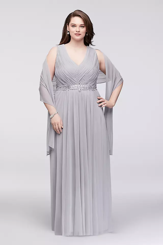 Woven-Bodice Chiffon Plus Size Gown with Beading Image