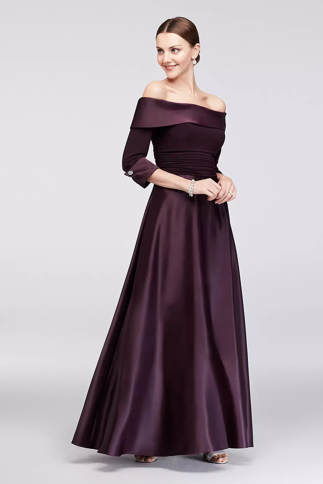 Off-The-Shoulder 3/4-Sleeve Satin Ball Gown Image