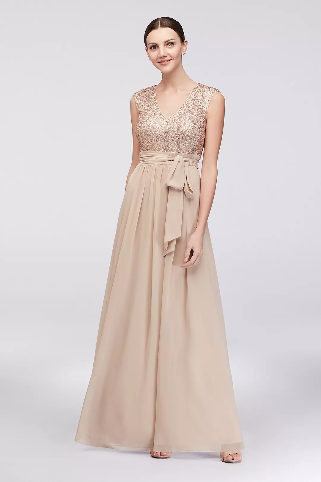 Cap Sleeve Sequin and Chiffon A-Line Gown Image
