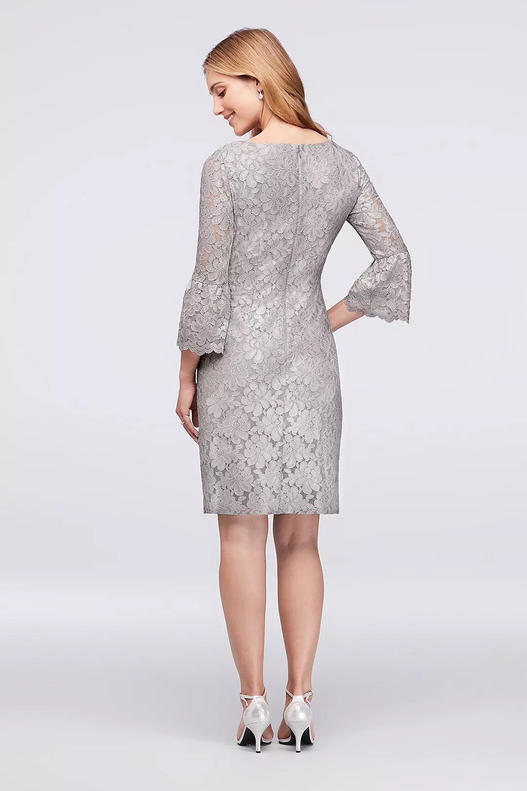 Metallic Lace Cocktail Dress with 3/4 Bell Sleeves | David's Bridal