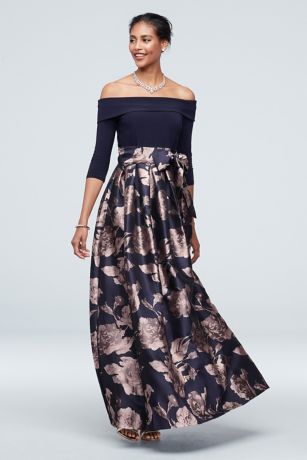 Metallic Floral Print Jacquard Gown With Off The Shoulder Neckline In