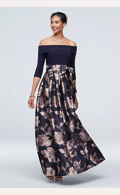 Off The Shoulder Gown with Jacquard Floral Skirt