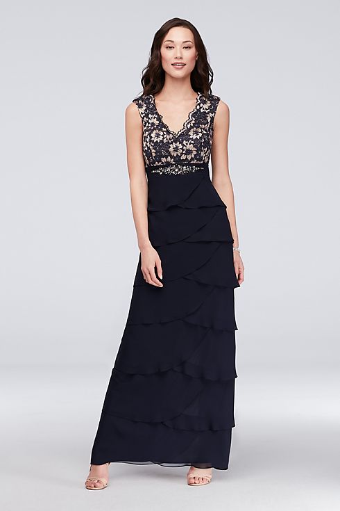 Lace and Tiered Chiffon Sheath Gown with Scarf Image 1
