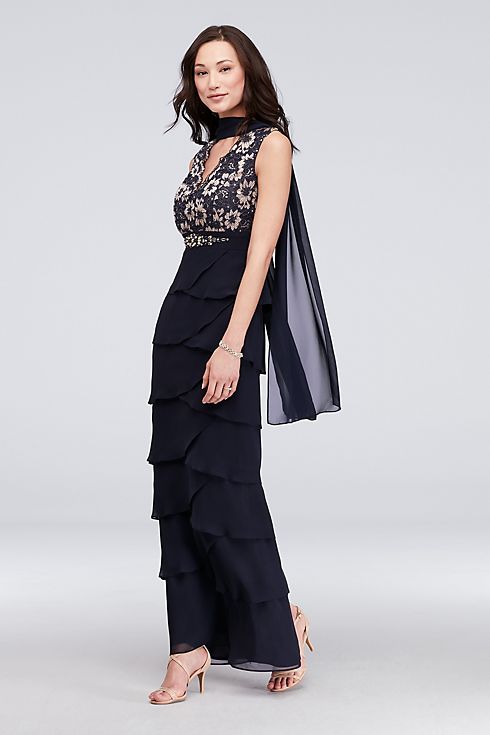 Lace and Tiered Chiffon Sheath Gown with Scarf Image 3