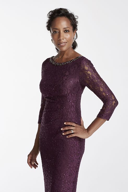 3/4 Sleeve Lace Dress with Beaded Neckline Image 3