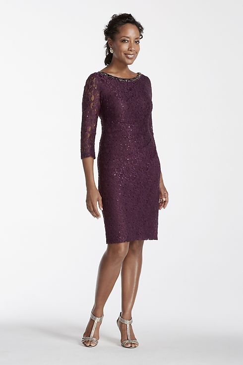 3/4 Sleeve Lace Dress with Beaded Neckline Image 1