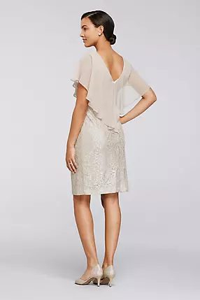 Short Glitter Lace Dress with Chiffon Capelet | David's Bridal Short Glitter Lace Dress with Chiffon Capelet | David's Bridal