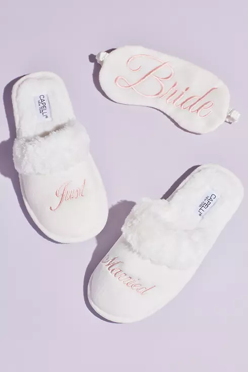 Fuzzy Just Married Slippers and Sleep Mask Set Image 1
