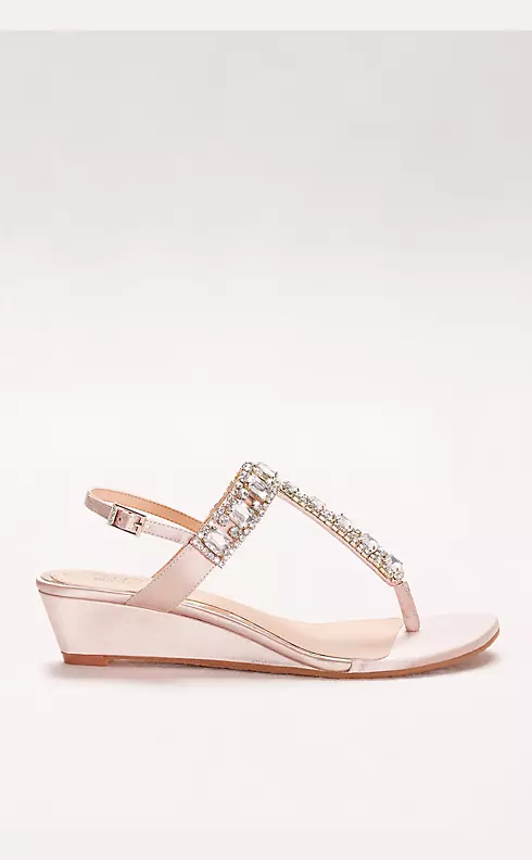 Jeweled Satin T-Strap Low Wedges Image 3
