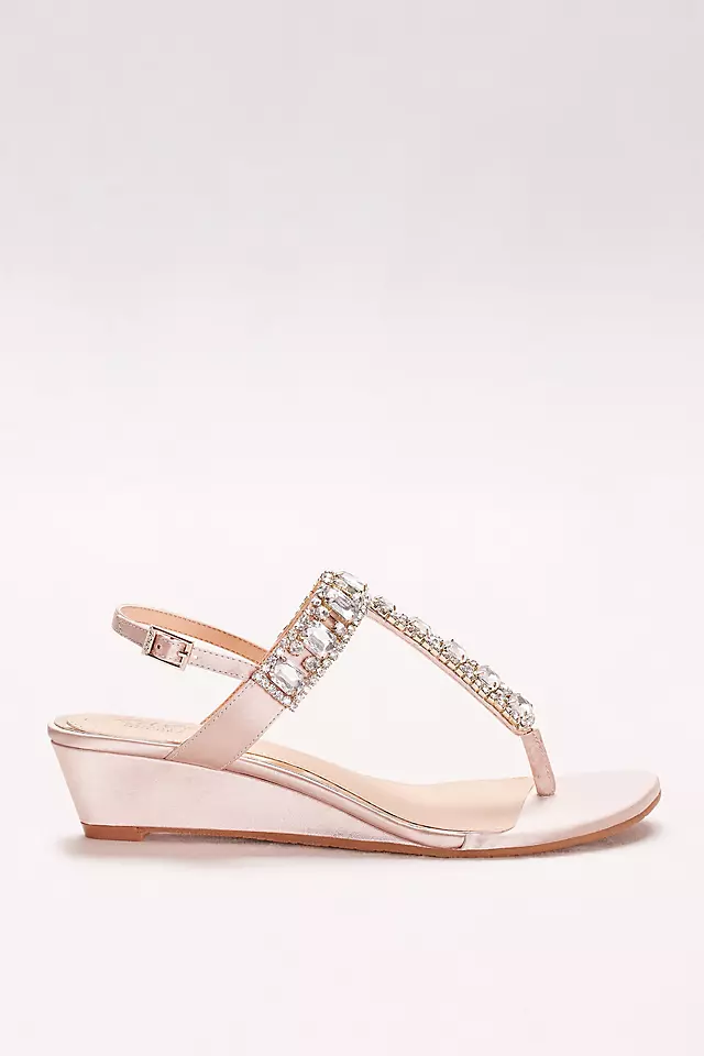 Jeweled Satin T-Strap Low Wedges Image 3