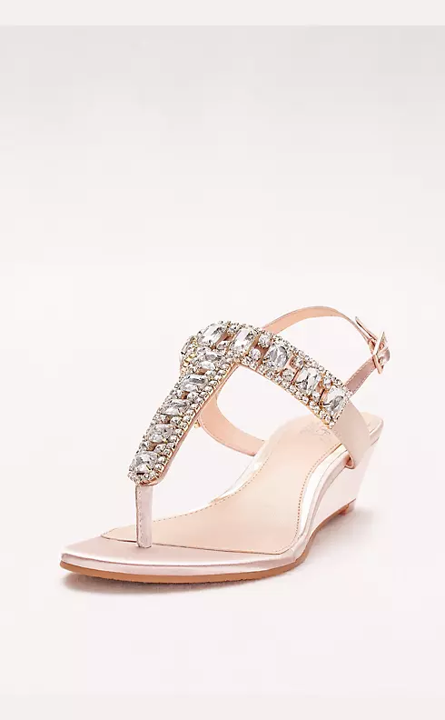 Jeweled Satin T-Strap Low Wedges Image 1