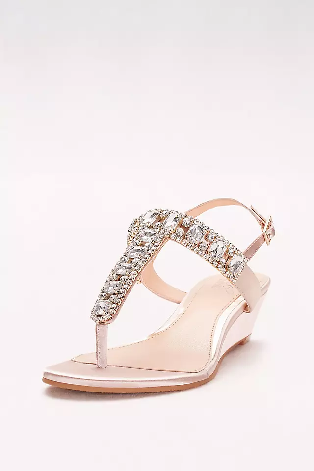 Jeweled Satin T-Strap Low Wedges Image
