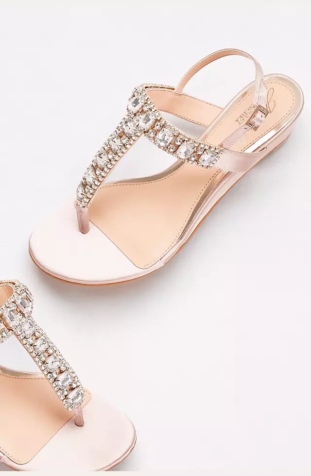Jeweled Satin T-Strap Low Wedges Image 4
