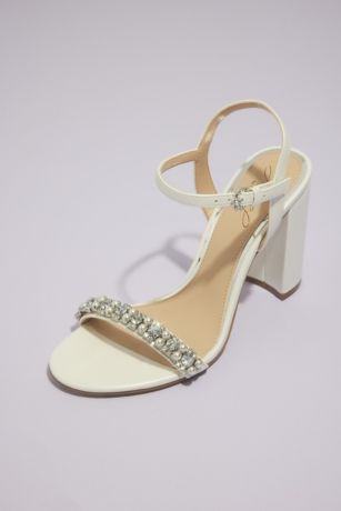 Jewel Badgley Mischka Pink;White Heeled Sandals (Crystal and Pearl Mix Block Heel Sandals)