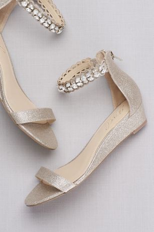 Glittery Low Wedge Sandals with Jeweled Ankle | David's Bridal