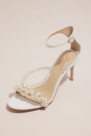 Jewel Badgley Mischka White Heeled Sandals (Pearl Bauble Satin Heels)