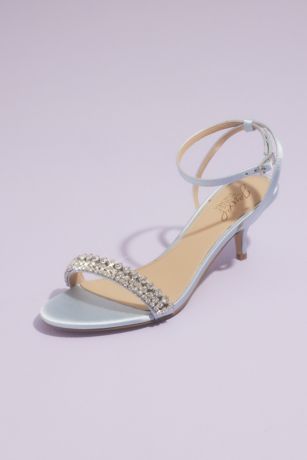 Jewel Badgley Mischka Blue Heeled Sandals (Satin Ankle Wrap Kitten Heels with Crystal Strap)