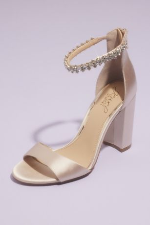 Jewel Badgley Mischka Ivory Heeled Sandals (High Satin Block Heels with Crystal Toe Strap)