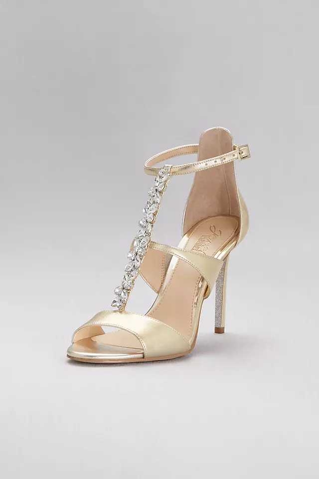 Jeweled T-Strap Metallic Ankle-Strap Heels Image