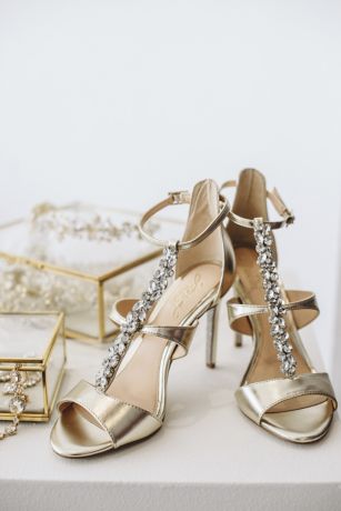 Jeweled T-Strap Metallic Ankle-Strap Heels | David's Bridal