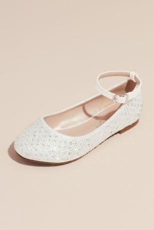 Blossom White Flowergirl Shoes (Girls Glitter Ankle Strap Embellished Ballet Flats)