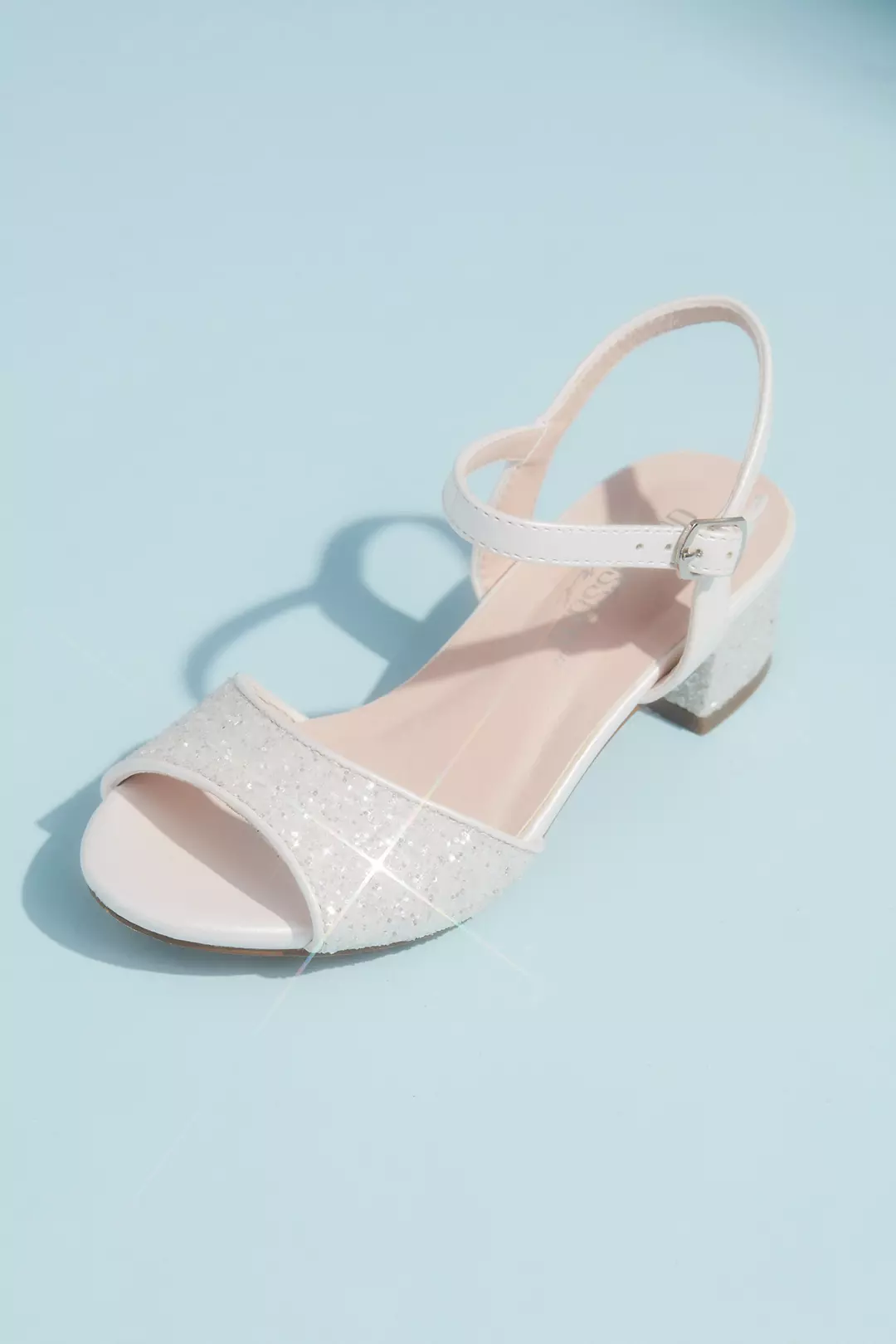 Girls Glitter Peep Toe Sandals with Block Heel | David's Bridal