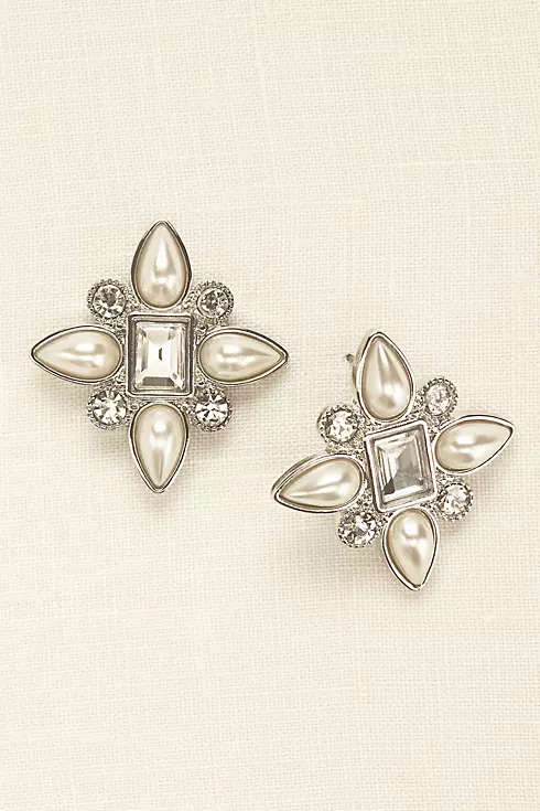 Emerald Cut Cluster Pearl Earrings Image 1