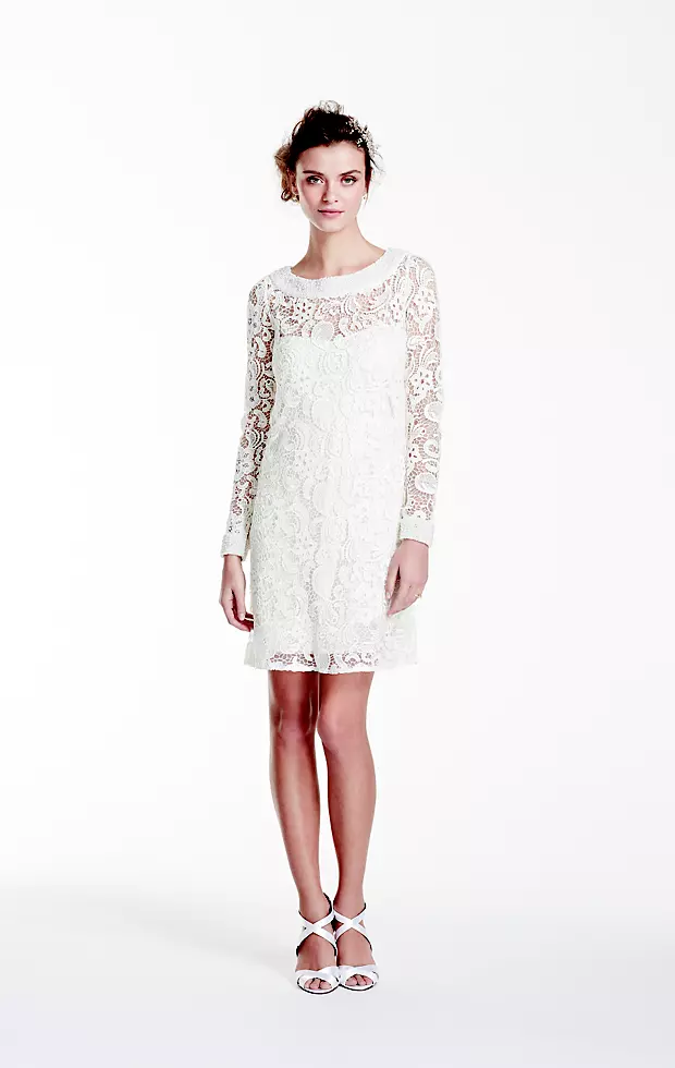 Long Sleeve Short Lace Gown with Pearl Beading Image