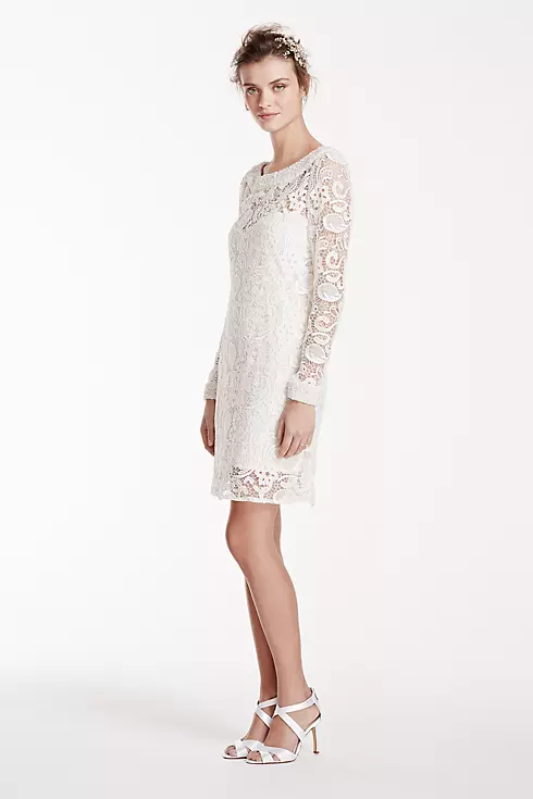 Long Sleeve Short Lace Gown with Pearl Beading Image 3