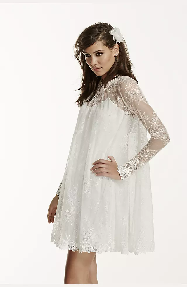 As-Is Lace Short Dress with Illusion Long Sleeves Image 3