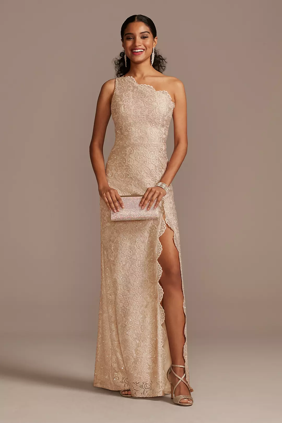 One Shoulder Scalloped Edge Lace Gown with Slit Image