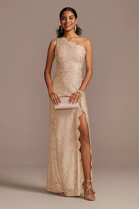 One Shoulder Scalloped Edge Lace Gown with Slit Image 1