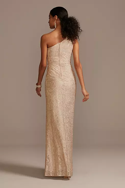 One Shoulder Scalloped Edge Lace Gown with Slit Image 2