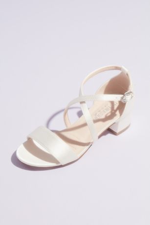 Blossom Grey;Ivory Flowergirl Shoes (Girls Block Heel Sandals with Crossing Vamp Straps)