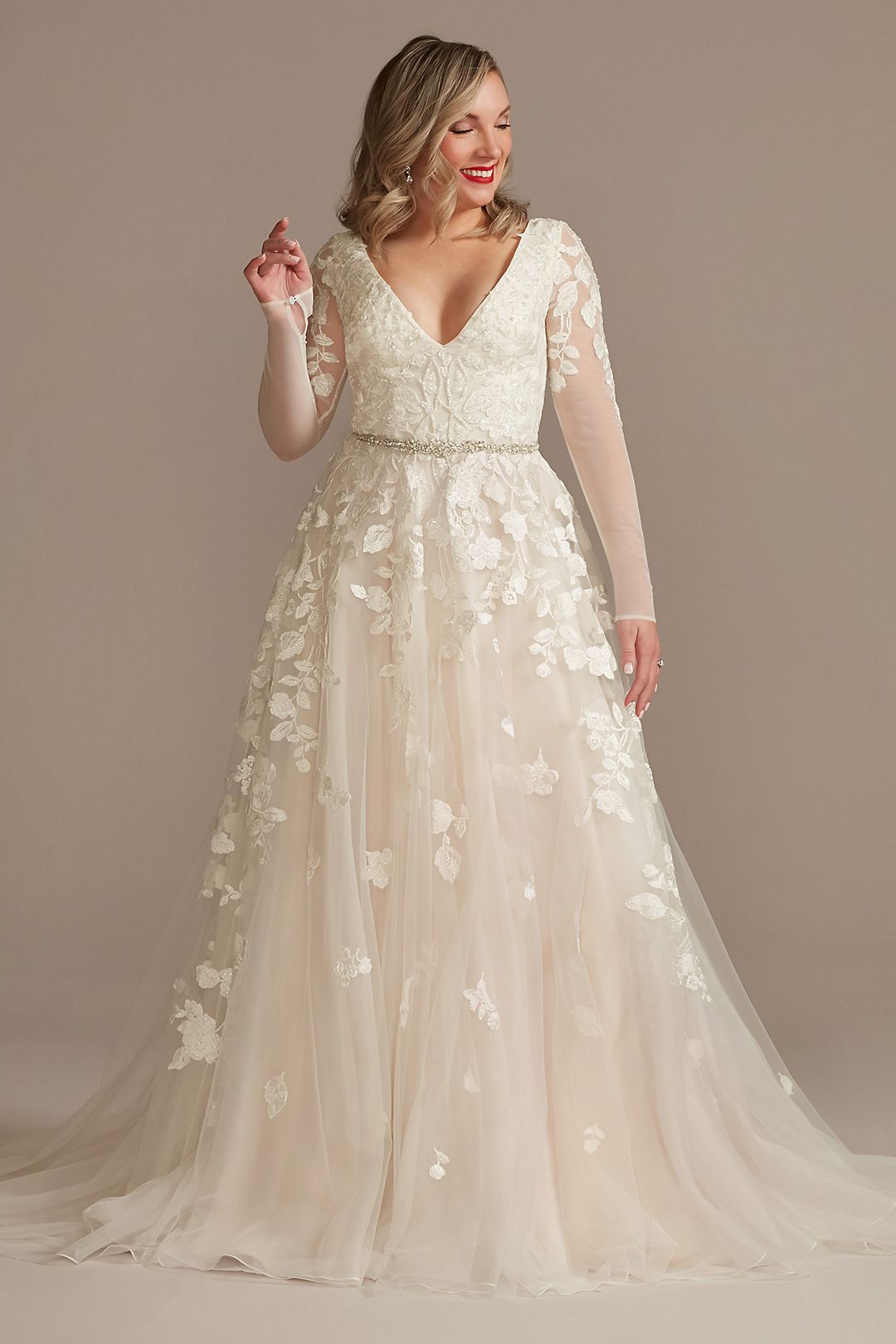 Illusion Sleeve Plunging Ball Gown Wedding Dress | David's Bridal