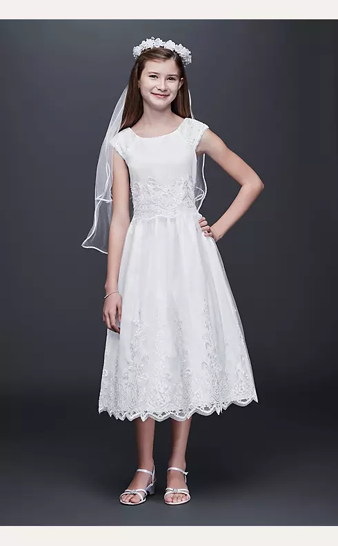 Appliqued Satin Communion Dress with Beaded Trim Image 1