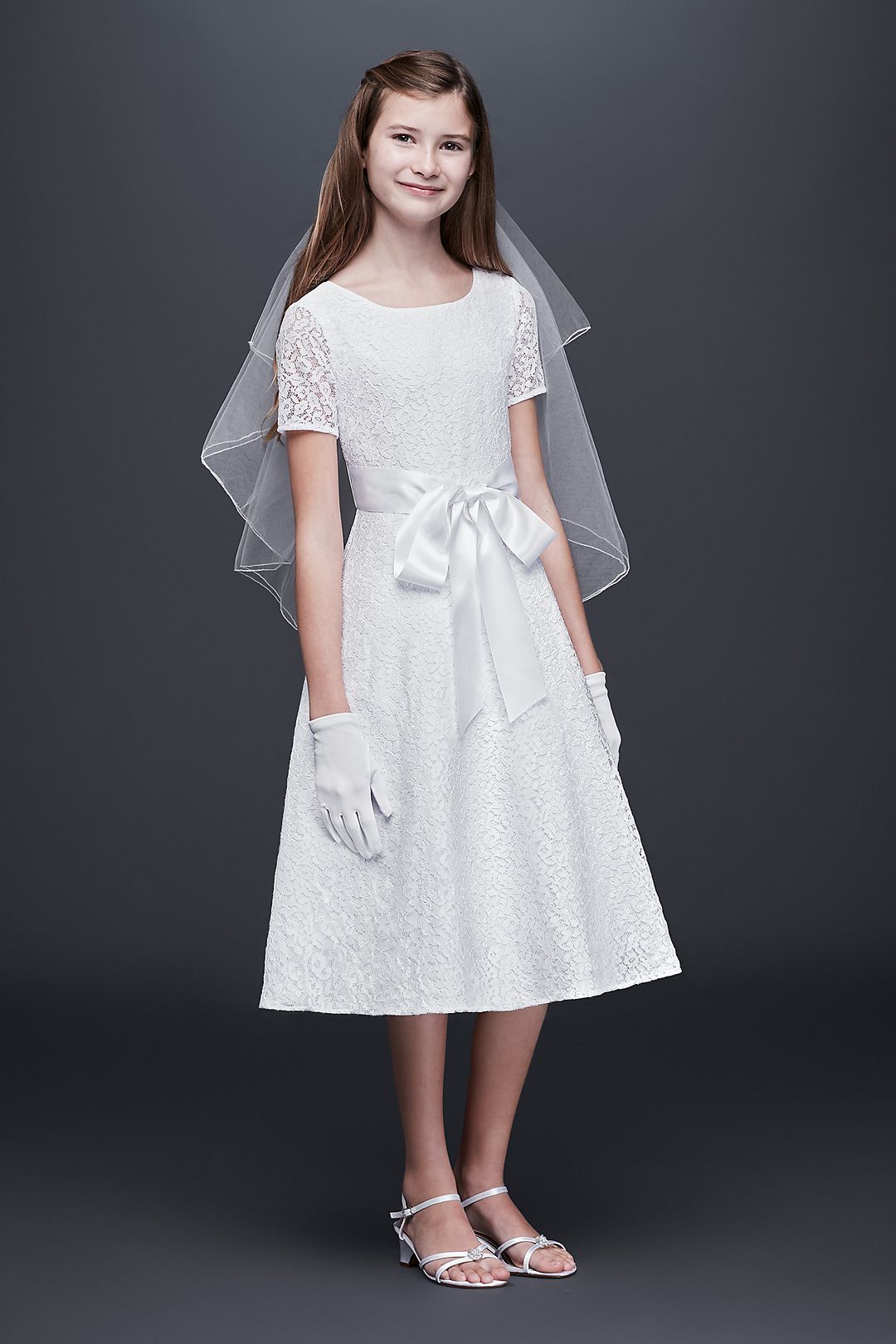 Lace A-Line Communion Dress with Wide Satin Sash Image 1