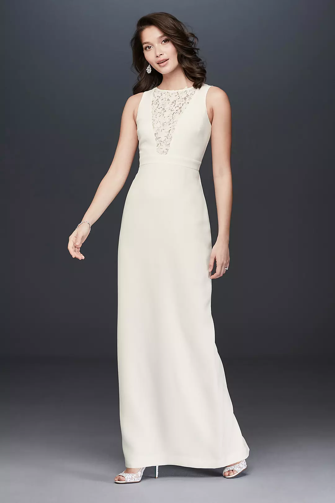 Plunging Illusion Lace Sheath Gown with Flowers Image