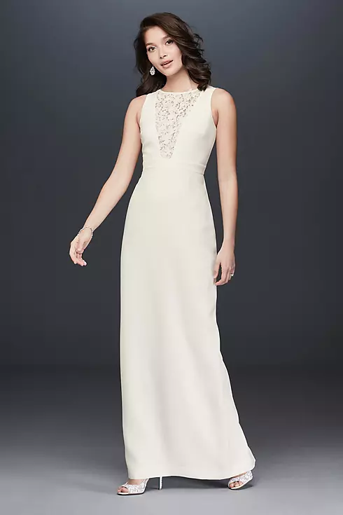 Plunging Illusion Lace Sheath Gown with Flowers Image 1