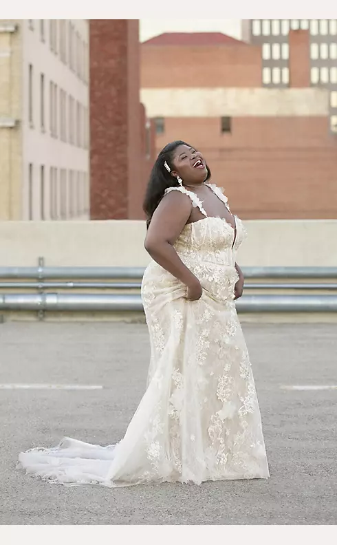 3D Floral Applique Plunge Plus Size Wedding Dress