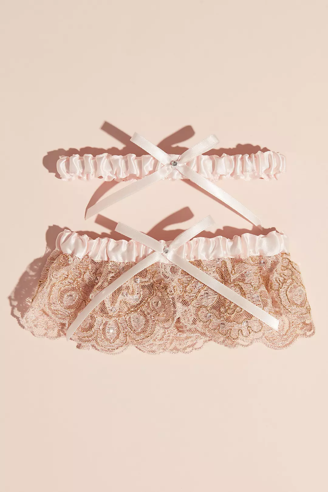 Blush Scalloped Lace and Satin Bow Garter Set Image