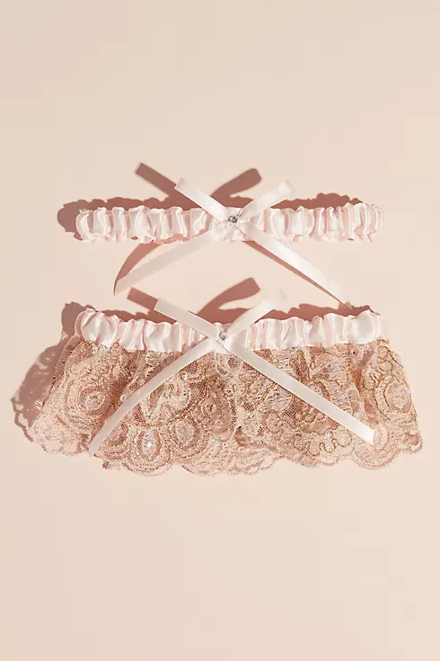 Blush Scalloped Lace and Satin Bow Garter Set Image 1
