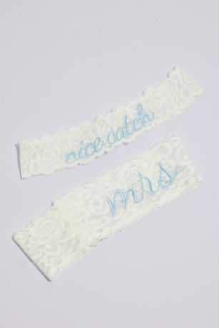 Mrs and Nice Catch Embroidered Garter Set