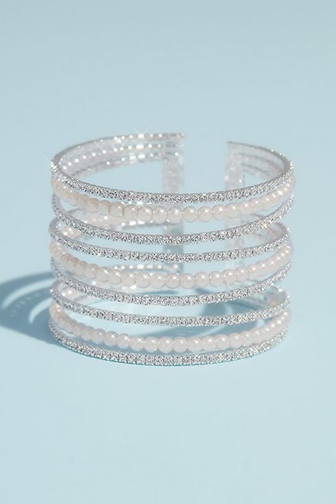 Crystal and Pearl Triple Band Cuff Bracelet Image 1